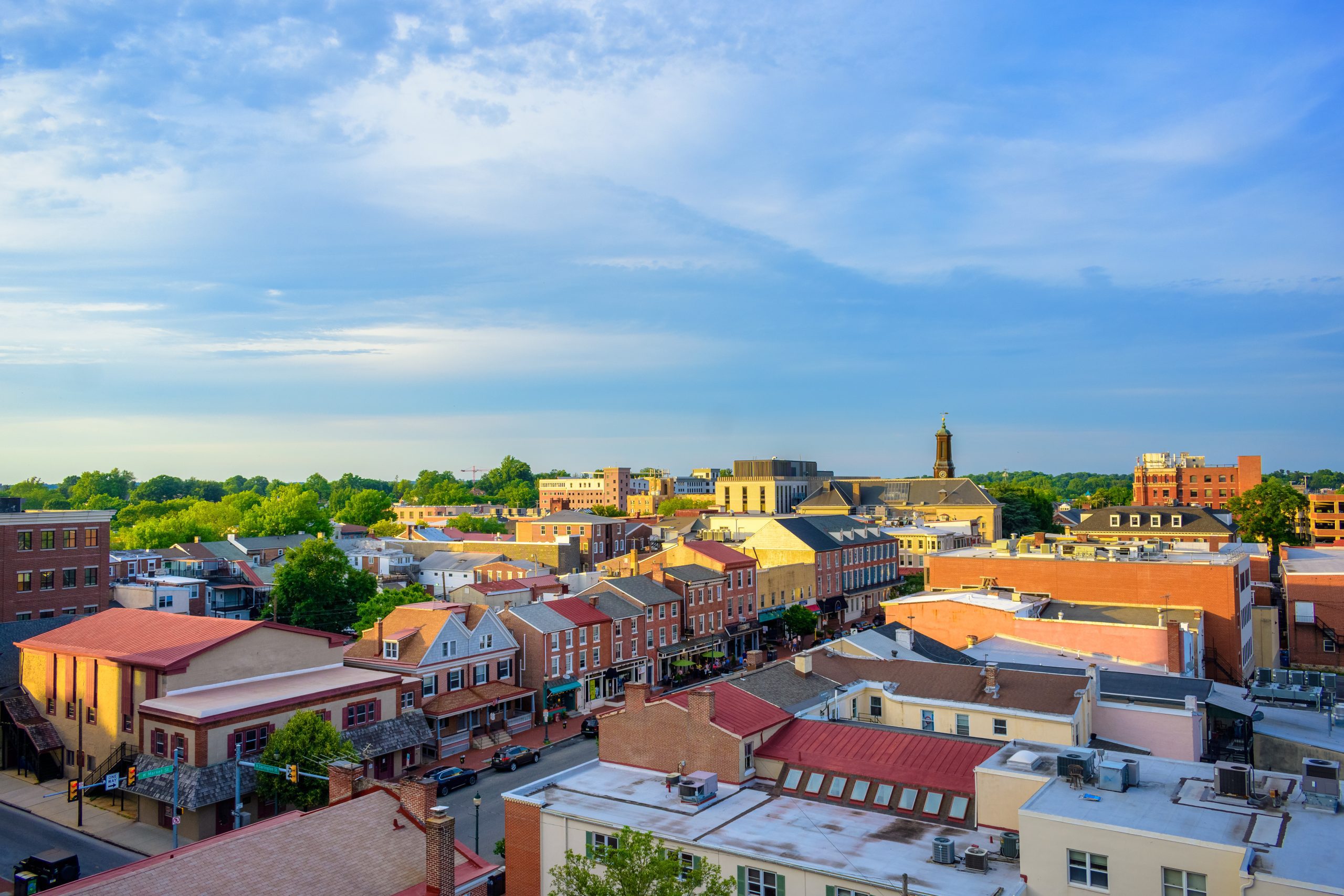 An aerial view of West Chester, PA, in the afternoon.