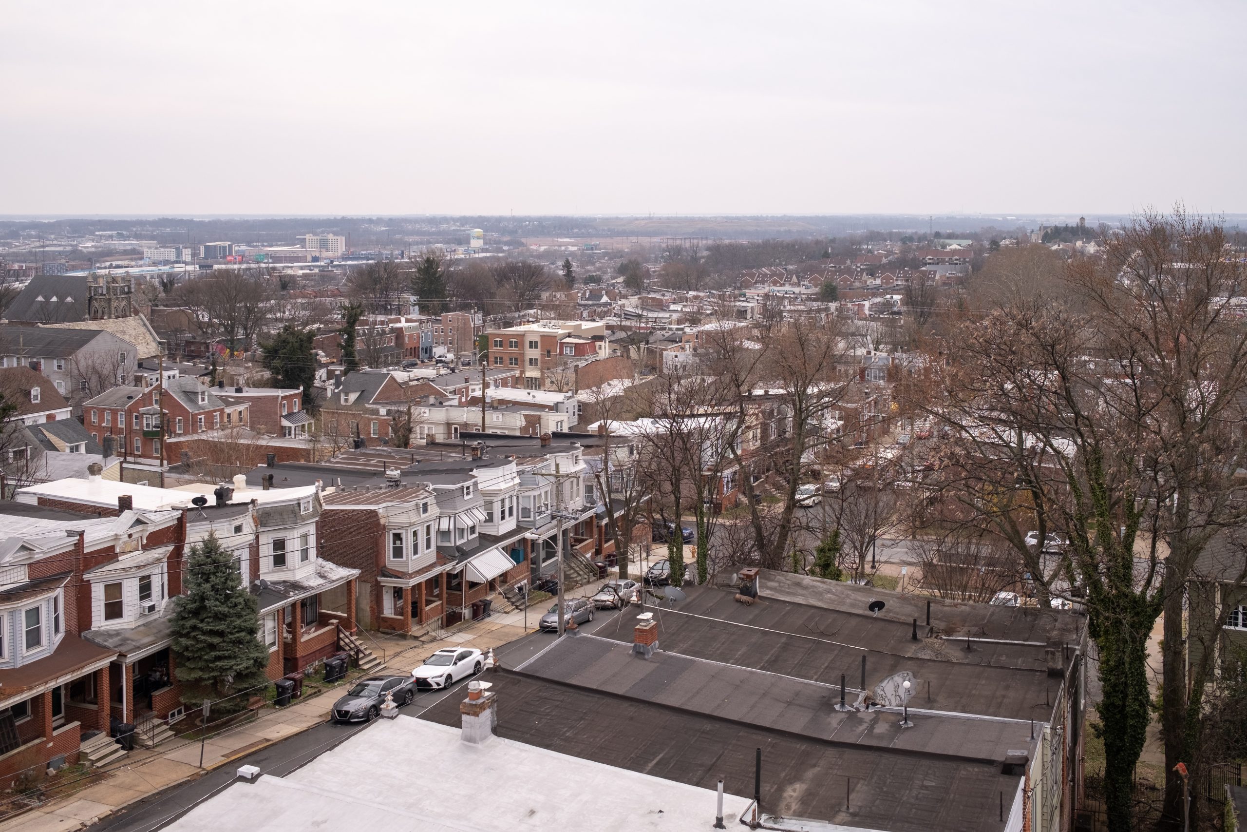 An aerial view of West Chester during the winter