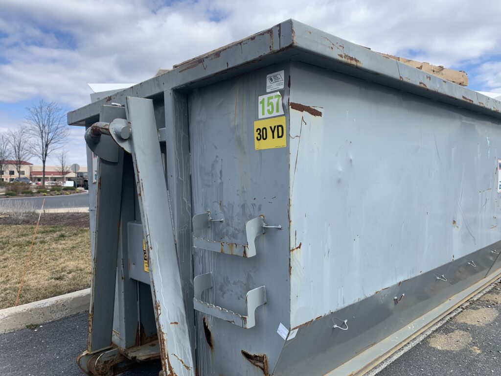 A large gray dumpster
